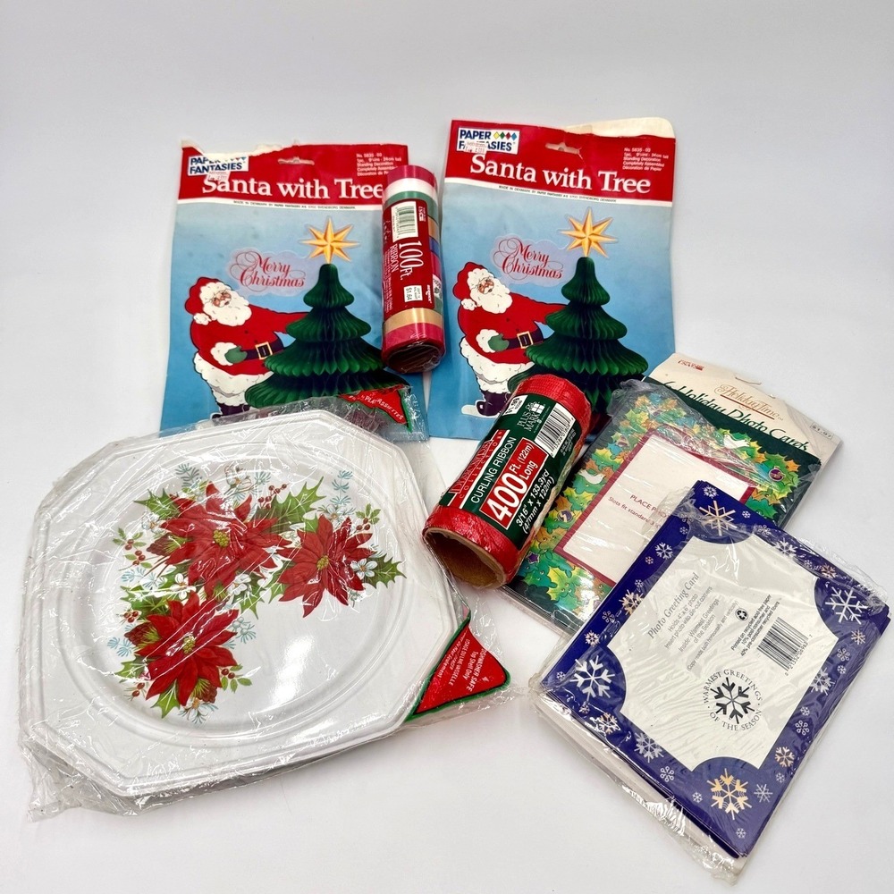 Vintage Christmas Decor Bundle Santa‎ Honeycomb Centerpieces Ribbon Plates Cards